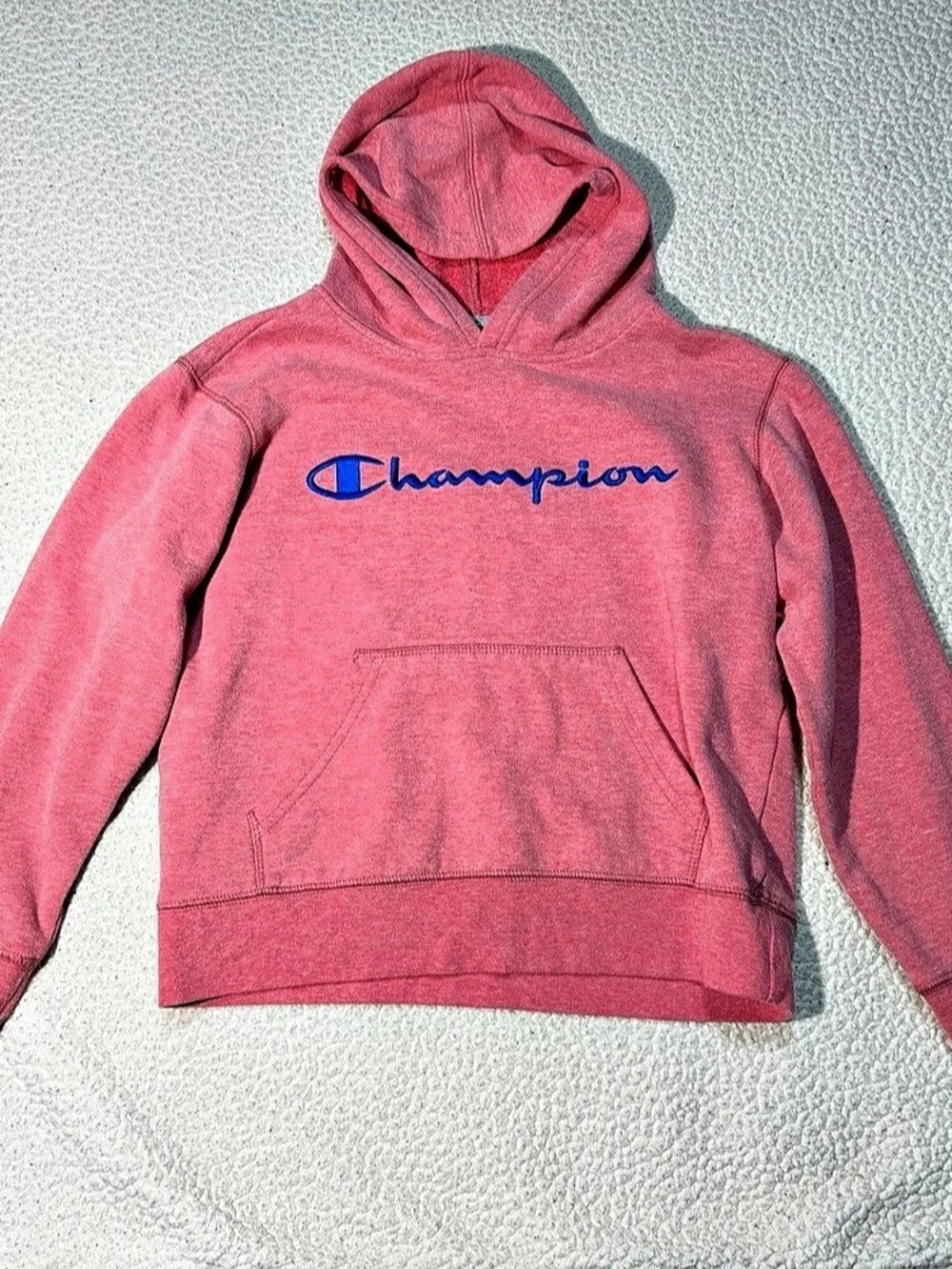 Champion Script Logo Pink Heather Hoodie Girls Medium